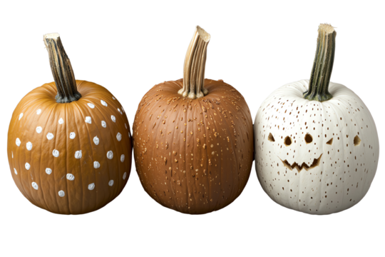 Three creatively decorated pumpkins, featuring polka dots, solid brown, and a smiling face design for fall festivities.