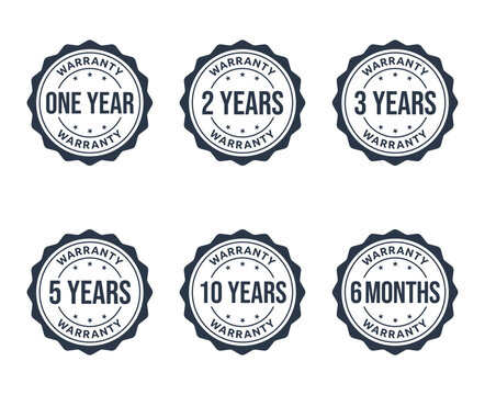 1, 2, 3, 5, 10 years warranty icon set, 6 months warranty label