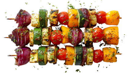 Vibrant vegetable skewers garnished with herbs, perfect for grilling or healthy meals, showcasing colorful fresh ingredients.