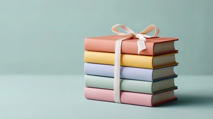 Fototapeta premium A small stack of minimalist books tied with a ribbon, placed on a pastel mint flat background