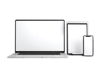 Modern electronic devices including a laptop, tablet, and smartphone, all isolated on a transparent background