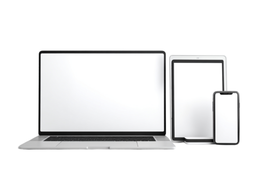 Modern electronic devices including a laptop, tablet, and smartphone, all isolated on a transparent background