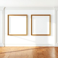 Two empty golden picture frames on a white wall with ornate molding and parquet flooring