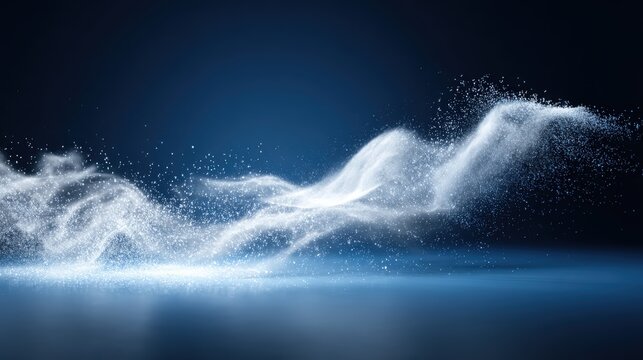 Abstract particle wave on blue background, representing data, technology, science, and futuristic concepts - Powered by Adobe