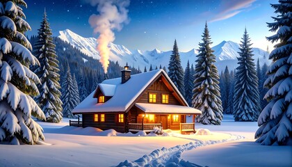 Fototapeta premium Cozy winter cabin nestled in snowy mountains