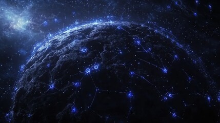 Mysterious glowing planet with network connections in space