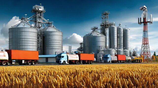 Industrial Harvest Symphony: A bustling grain elevator facility comes alive with logistical prowess as trucks transport harvested golden wheat.
