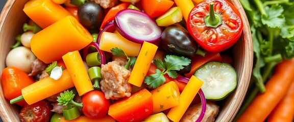 A vibrant mix of fresh, colorful vegetables in a bowl,  vibrant,   clean eating