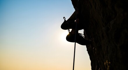 Silhouette of a climber ascending a rock face against a bright, sunny sky.