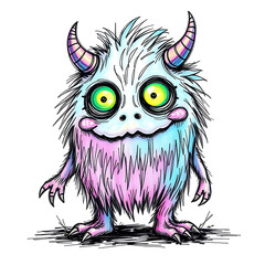 Obraz premium A fluffy colorful monster with big eyes and horns standing on two feet