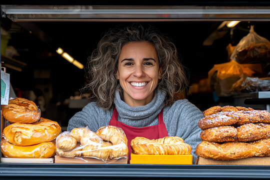 A cheerful baker smiles from her stall filled with fresh pastries, showcasing a variety of delicious baked goods and delightful treats. - Powered by Adobe