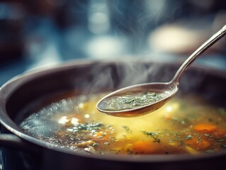 Hot steaming bowl of homemade vegetable broth with herbs and spices served in a rustic black bowl with a spoon