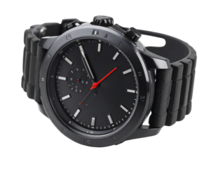 Black military style field watch with red second hand side angle isolated on transparent background PNG 