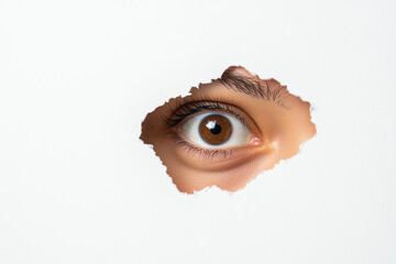 A close-up view of a human eye peering through a torn paper, symbolizing curiosity and observation in daily life experiences.