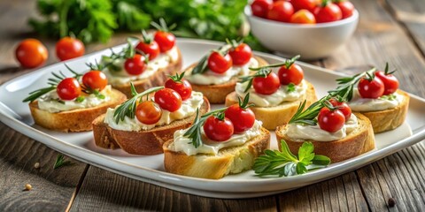 Cream Cheese and Cherry Tomato Bruschetta Appetizers on Toasted Bread with Fresh Herbs