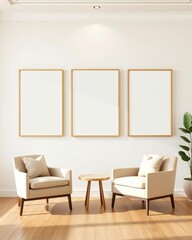 Modern living room with beige armchairs and three blank picture frames
