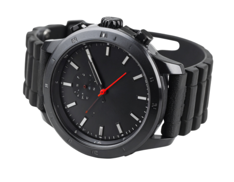 Black military style field watch with red second hand side angle isolated on transparent background PNG 