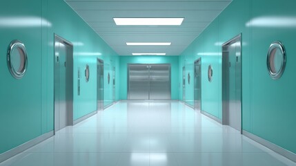 Empty Hospital Corridor with Elevators and Porthole Windows in a Modern Healthcare Facility