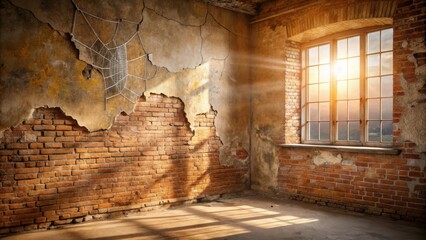 Sunlit Room with Exposed Brick and Damaged Plaster Featuring a Decorative Web