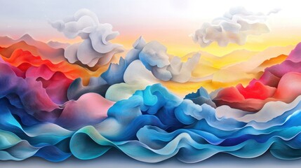 Abstract landscape of mountains and clouds during sunset