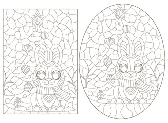 Set of contour illustrations in the style of a stained glass window with cute bunnies and a Christmas tree