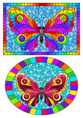 A set of illustrations in stained glass style with a bright rainbow butterflies on a blue background in a bright frame