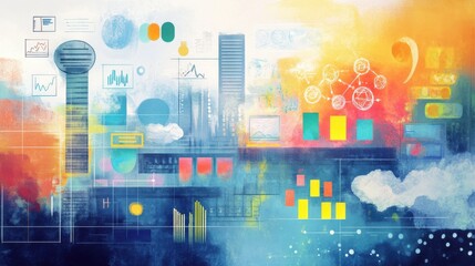 Vibrant abstract graphic design with geometric shapes and charts