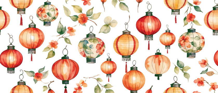 Chinese lanterns background watercolor seamless - Powered by Adobe