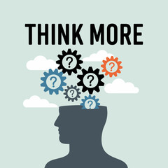 Man thinking with gears and question marks in his head representing problem solving and critical thinking concepts