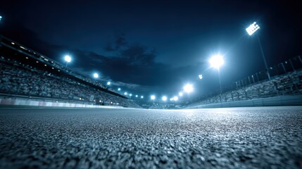 Race Track at Night Under Dramatic Lighting, Asphalt Surface, Grandstands in Background