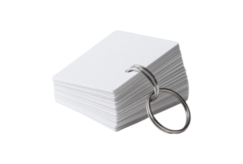 Stack of blank white plastic access key cards attached to a metal keychain ring, isolated on a transparent background
