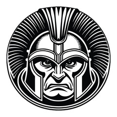 Obraz premium Powerful Spartan Warrior Silhouette Head in Circular Design on White Background