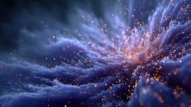 Abstract explosion of vibrant blue and orange particles