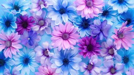 Pastel flowers in various shades of blue and purple on a light blue background