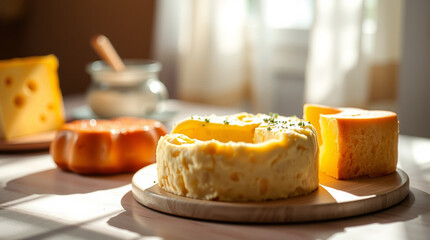 Gentle soft light illuminates bright vibrant colors of yummy cheeses and cake with lively energetic diffused shadows