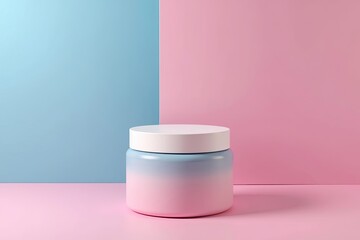 Empty cosmetic jar on a pastel colored surface.