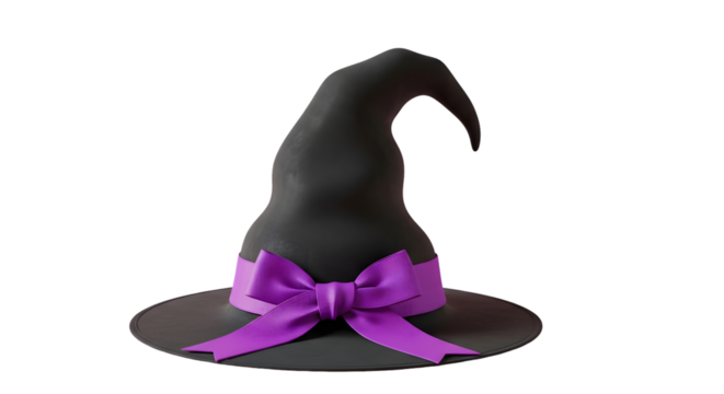 Whimsical witch hat with elegant purple ribbon bow, perfect for Halloween enchantment and festive costume design
