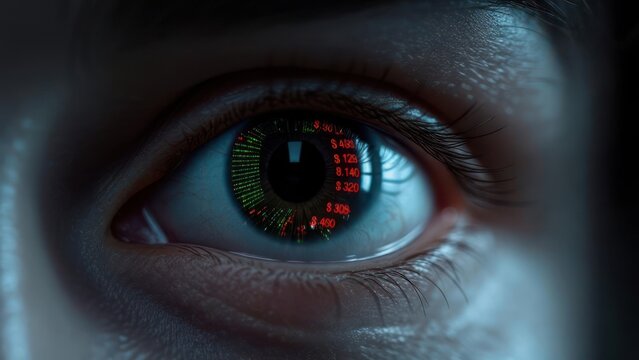 Close-up of an eye reflecting financial data - Powered by Adobe