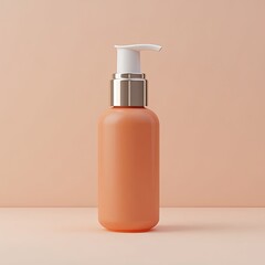 Peach-colored pump bottle on a neutral background.