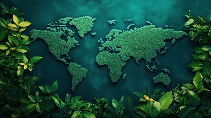 World map made of green plants in serene indoor setting
