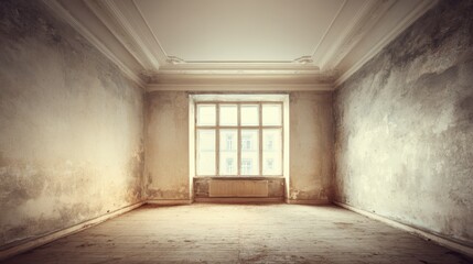 Obraz premium Empty Room with Textured Walls and Window Light, Interior Space with Potential for Renovation