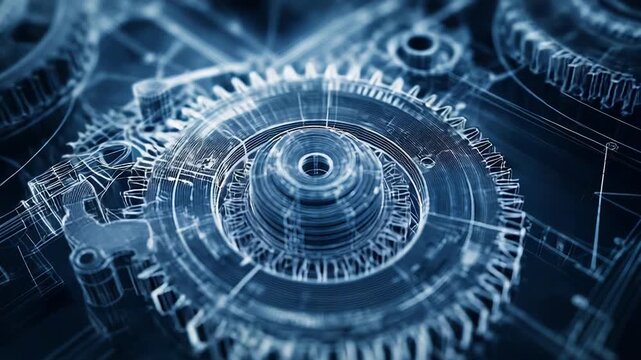 Complex engineering project showing rotating gears and cogwheels