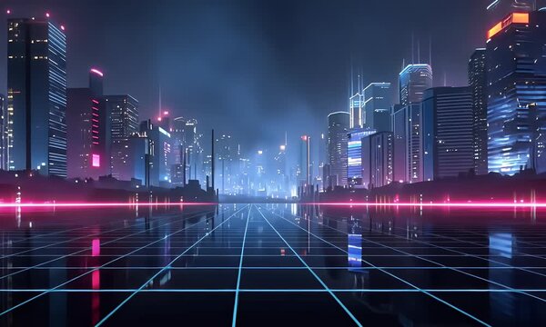 
Digital background featuring neon lines on a dark city street, creating an immersive and futuristic atmosphere for product display in the style of cyberpunk.
