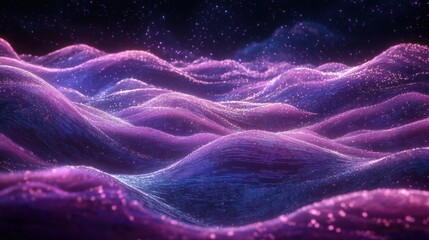 Abstract landscape with glowing purple and blue particles at night