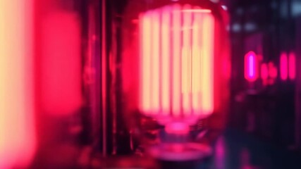 Glowing lightbulb with filament in a red-lit room - Powered by Adobe