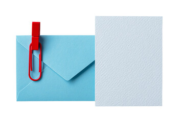 Blue envelope with a red paper clip and a blank white paper sheet, isolated on transparent background
