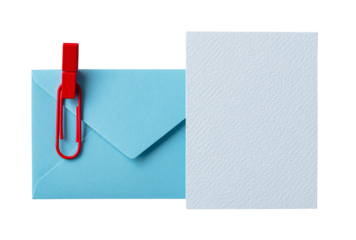 Blue envelope with a red paper clip and a blank white paper sheet, isolated on transparent background
