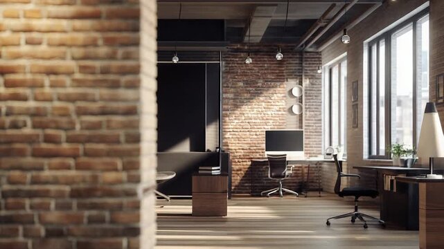 Sunlight illuminating modern office with exposed brick wall
