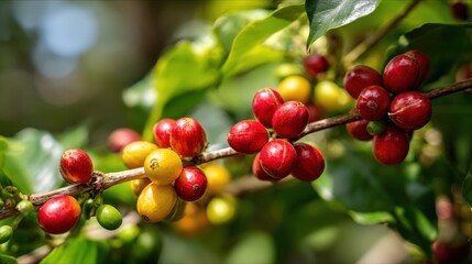 Obraz premium Coffee Cherries Ripening on the Branch, Cultivated for Harvesting and Processing, Illustrating Agricultural Practices