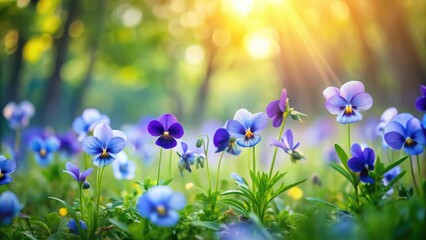 Vibrant blue and purple pansies bathed in golden sunlight, flourishing in a verdant meadow, a breathtaking springtime scene